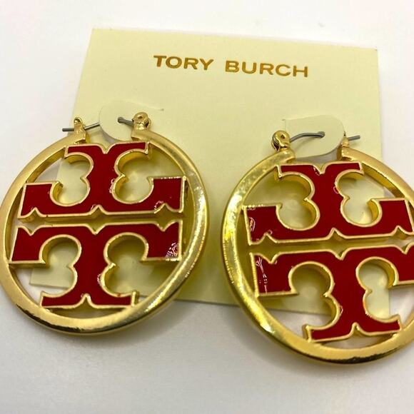 NWOT Tory Burch Gold, Double T Red Enamel Hoop Earrings - Picture 4 of 6